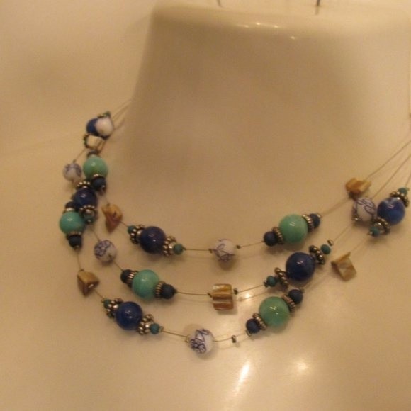 Layered Glass Genuine Stones MOP Stainless Steel Floating Necklace - Picture 4 of 12